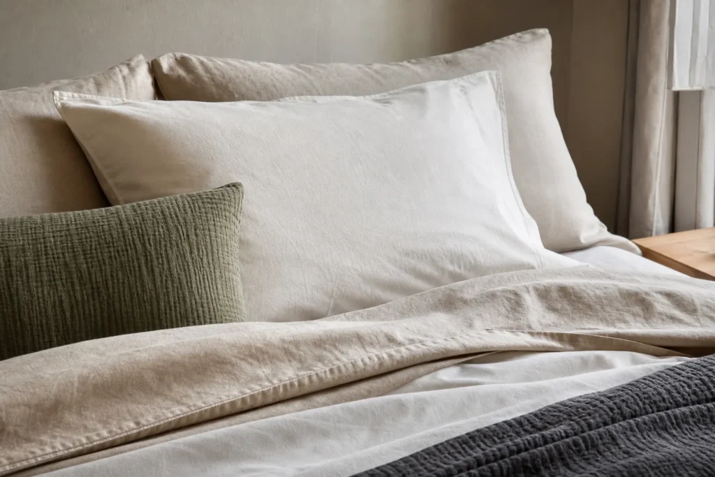 Ropa de cama de algodón y lino en tonos naturales