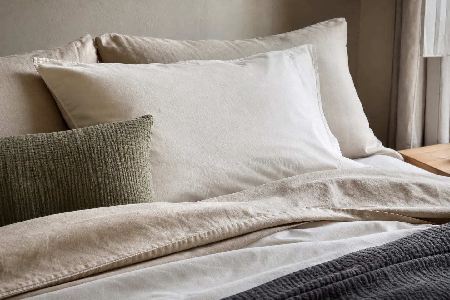 Ropa de cama de algodón y lino en tonos naturales