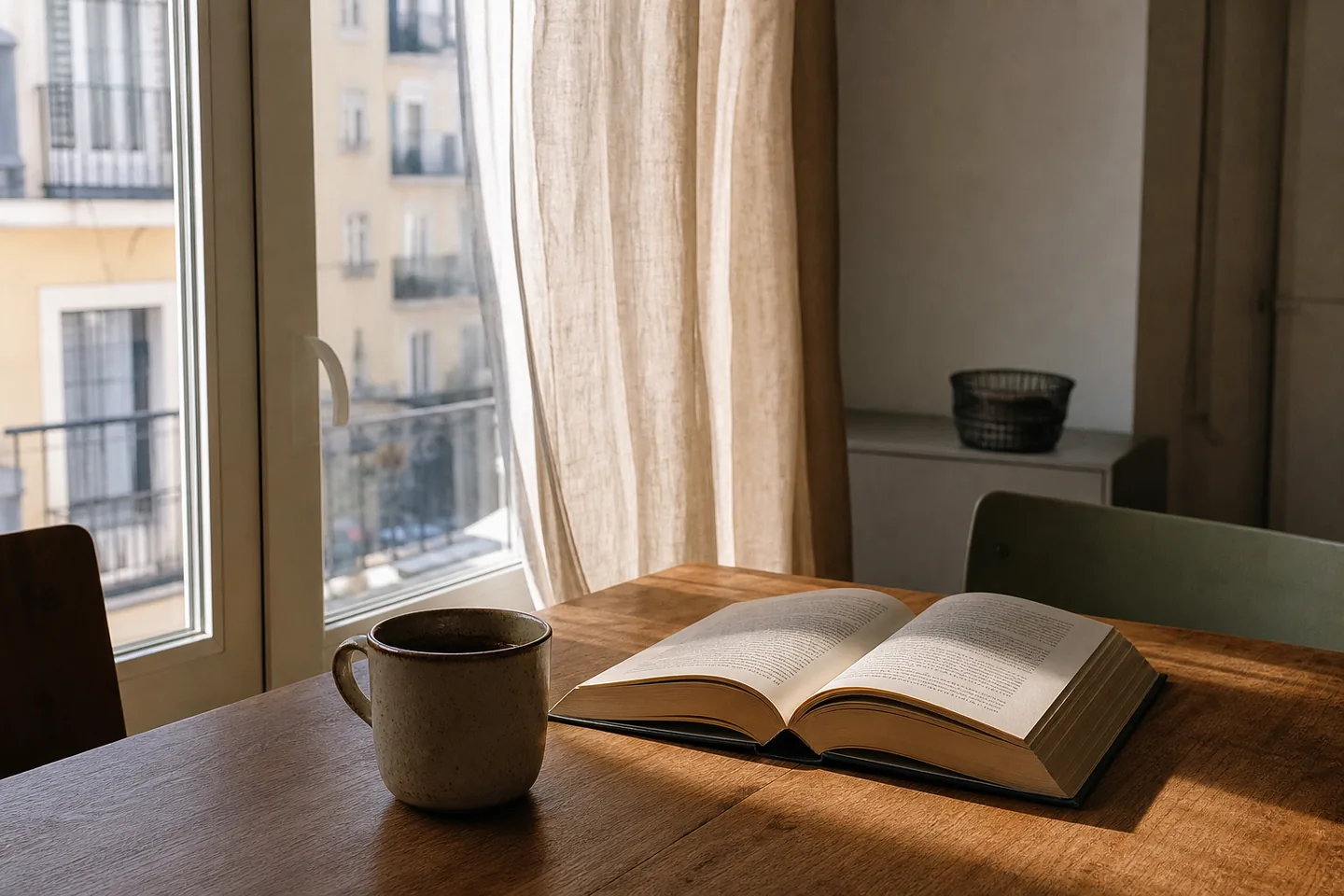 Taza y libro junto a una ventana con luz natural suave